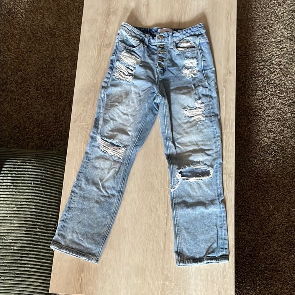 Blue Boyfriend Distressed Jeans with Raw Hem